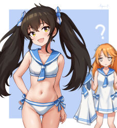 Rule 34 | 2girls, ?, absurdres, bikini, black hair, blue background, blue bow, blue neckerchief, blue sailor collar, blurry, blush, border, bow, breasts, collarbone, commentary request, cowboy shot, depth of field, dress, empty eyes, expressionless, gluteal fold, groin, hair between eyes, hair ribbon, hand on own hip, highres, holding, holding clothes, holding dress, idolmaster, idolmaster cinderella girls, idolmaster cinderella girls u149, koaya, long hair, looking at viewer, matoba risa, multiple girls, navel, neckerchief, open mouth, orange hair, ribbon, sailor collar, sailor swimsuit (idolmaster), sidelocks, signature, small breasts, smile, solo focus, stomach, swimsuit, thighs, twintails, white bikini, white border, white dress, yellow eyes, yuuki haru