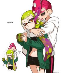 Rule 34 | 1boy, 1girl, arrow (symbol), artist name, bike shorts, black shirt, black shorts, blunt bangs, closed eyes, clothes lift, coffee mug, commentary, crop top, cup, frown, gradient hair, green hair, green jacket, hetero, holding, holding cup, hood, hood down, hoodie, hug, hug from behind, inkling, inkling girl, inkling player character, jacket, jacket lift, jacket on shoulders, lifting another&#039;s clothes, long hair, long sleeves, looking at viewer, looking down, midriff, mohawk, motion lines, mug, multicolored hair, navel, nintendo, notice lines, octoling, octoling boy, octoling player character, open clothes, open jacket, open mouth, pointy ears, purple hair, red eyes, red hair, shirt, short hair, short shorts, shorts, signature, smile, splatoon (series), standing, steam, suction cups, sweatdrop, tentacle hair, translated, white background, white hoodie, yeneny