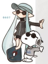 Rule 34 | 1girl, aqua hair, artist request, bad source, black footwear, black shirt, black shorts, blue hair, boots, closed mouth, crossed legs, crossover, dog, full body, grey shirt, hand on own hip, hat, imitating, inkling, inkling girl, inkling player character, leaning to the side, long hair, long sleeves, mimic, nintendo, pointy ears, shirt, short shorts, short sleeves, shorts, simple background, snoopy, splatoon (series), standing, striped clothes, striped shirt, sunglasses, sweater, turtleneck, turtleneck sweater, vertical-striped clothes, vertical-striped shirt, wall, white background