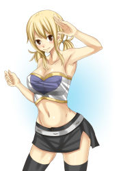 Rule 34 | 1girl, blonde hair, breasts, fairy tail, highres, large breasts, lucy heartfilia, midriff, smile, solo, xsorax812