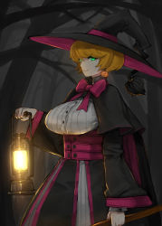 Rule 34 | 1girl, blonde hair, breasts, earrings, forest, framed breasts, green eyes, hat, highres, jack-o&#039;-lantern, jack-o&#039;-lantern earrings, jewelry, lantern, large breasts, madarame, mole, mole under eye, nature, night, original, pumpkin, short hair, smile, solo, tree, witch hat