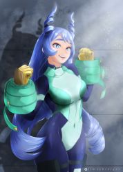 Rule 34 | 1girl, absurdres, artist name, blue bodysuit, blue eyes, blue hair, blush, bodysuit, boku no hero academia, breasts, collarbone, colorized, covered navel, curvy, gloves, hadou nejire, highres, horikoshi kouhei, jimschteiger, large breasts, long hair, looking at viewer, open mouth, skin tight, smile, solo, thigh strap, thighs, third-party edit, very long hair, yellow gloves