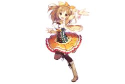 Rule 34 | 1girl, boots, brown eyes, brown hair, coat, detached sleeves, flower knight girl, frills, full body, fur trim, knee boots, leg up, long hair, looking at viewer, matching hair/eyes, oncidium (flower knight girl), open mouth, pantyhose, skirt, smile, solo, standing, sugimeno, transparent background