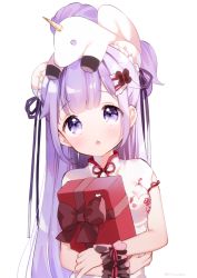 Rule 34 | 1girl, :o, ahoge, azur lane, bad id, bad pixiv id, black bow, black ribbon, blush, bow, box, breasts, bun cover, chestnut mouth, china dress, chinese clothes, commentary request, double bun, dress, flower, flower knot, gift, gift box, hair bun, hair flower, hair ornament, hair ribbon, hairclip, head tilt, holding, holding gift, long hair, looking at viewer, maeha, medium breasts, hugging object, on head, open mouth, parted lips, purple eyes, purple hair, red flower, ribbon, short sleeves, sidelocks, simple background, small breasts, solo, stuffed animal, stuffed toy, stuffed winged unicorn, twitter username, unicorn (azur lane), unicorn (the gift of spring) (azur lane), unicorn (the gift of spring) (azur lane), upper body, very long hair, white background, white dress, wrist cuffs
