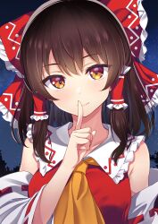 Rule 34 | 1girl, ascot, bare shoulders, bow, brown eyes, brown hair, closed mouth, collarbone, detached sleeves, hair between eyes, hair bow, hair tubes, hakurei reimu, highres, index finger raised, japanese clothes, long hair, looking at viewer, murasaki atsushi, nontraditional miko, orange ascot, red bow, ribbon-trimmed sleeves, ribbon trim, sidelocks, smile, solo, touhou, upper body, white sleeves, wide sleeves