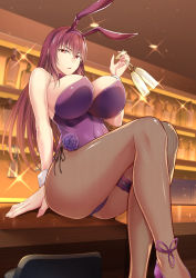 Rule 34 | 1girl, animal ears, ass, bar (place), blush, breasts, cleavage, cup, detached collar, drinking glass, fake animal ears, fate/grand order, fate (series), fishnet pantyhose, fishnets, hair between eyes, highleg, highleg leotard, highres, ijima yuu, large breasts, legs, leotard, long hair, looking at viewer, official alternate costume, pantyhose, parted lips, playboy bunny, purple hair, purple leotard, rabbit ears, red eyes, scathach (fate), scathach (piercing bunny) (fate), sitting, thighs, wrist cuffs