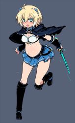 Rule 34 | 1girl, ahoge, blonde hair, blue eyes, blush, boots, breasts, cleavage, dagger, fang, knife, null (nyanpyoun), open mouth, short hair, skirt, solo, weapon