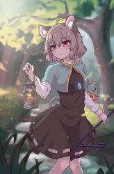 Rule 34 | 1girl, animal ears, black dress, bush, dress, forest, grass, grey hair, hedge, highres, hihi (cvwv4322), holding, holding lantern, holding weapon, lantern, looking to the side, medium hair, mouse (animal), mouse ears, mouse tail, nature, nazrin, solo, stepping stones, sunlight, tail, touhou, tree, weapon