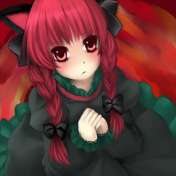 Rule 34 | 1girl, animal ears, blush, braid, dress, female focus, from above, frown, kaenbyou rin, long sleeves, looking at viewer, own hands together, red eyes, red hair, solo, tepengu, touhou, twin braids