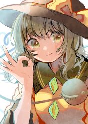 Rule 34 | 1girl, :3, black hat, blouse, blush, bow, buttons, closed mouth, commentary, diamond button, frilled shirt collar, frilled sleeves, frills, green eyes, green hair, hand up, hat, hat bow, heart, heart of string, highres, komeiji koishi, long sleeves, looking at viewer, medium hair, ok sign, shirt, solo, tamagogayu1998, third eye, touhou, upper body, wide sleeves, yellow bow, yellow shirt
