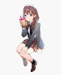 Rule 34 | 1girl, absurdres, bare legs, black necktie, black socks, blazer, blouse, blush, brown footwear, brown hair, brown skirt, bubble tea, closed mouth, collared shirt, cup, disposable cup, drinking straw, full body, grey jacket, hand up, highres, holding, holding cup, invisible chair, jacket, kitada mo, loafers, long hair, long sleeves, looking at viewer, milk tea, miniskirt, necktie, open clothes, open jacket, original, plaid, plaid skirt, pleated skirt, purple eyes, school uniform, shirt, shoes, sidelocks, simple background, sitting, skirt, smile, socks, solo, white background, white shirt