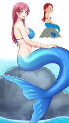 1girl absurdres bikini bikini_top_only blue_bikini blue_eyes blue_scales blush breasts commentary_request earrings highres irasutoya irasutoya_challenge jewelry kiria021 large_breasts long_hair mermaid monster_girl red_hair red_lips rock simple_background sitting smile solo swimsuit white_background