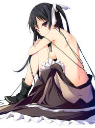 Rule 34 | 1girl, absurdres, back, black hair, boots, breast press, breasts, clothes pull, dress, dress pull, unworn dress, highres, hugging own legs, kikuchi seiji, knees to chest, legs, long legs, looking back, mayo chiki!, no bra, pink eyes, shoes, simple background, sitting, solo, suzutsuki kanade, topless, two side up
