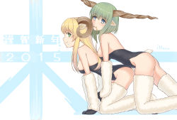 Rule 34 | 10s, 2015, 2girls, animal ears, aqua eyes, artist name, ass, bare shoulders, blonde hair, breasts, chinese zodiac, eating, from side, fur, fur collar, green eyes, highres, horns, iltusa, kneeling, leotard, long hair, multiple girls, new year, nontraditional playboy bunny, original, playboy bunny, sheep ears, sheep horns, sheep tail, tail, year of the goat