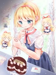 Rule 34 | 1girl, alice margatroid, apron, barefoot, belt, black eyes, black headwear, blonde hair, blue dress, blue eyes, blurry, blush, bow, bowtie, buttons, cake, capelet, closed mouth, commentary request, cream, curtains, doll, dress, floral print, flower, flying, food, grey dress, hair between eyes, hairband, hand up, hands up, hat, hat bow, heart, highres, indoors, kirisame marisa, letter, long hair, looking down, love letter, open mouth, own hands together, pink belt, pink bow, pink bowtie, pink hairband, red bow, shanghai doll, shirt, short hair, short sleeves, smile, solo, standing, table, touhou, v, wall, white apron, white bow, white flower, white shirt, window, wings, witch hat
