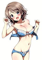 Rule 34 | 1girl, :d, absurdres, blue bra, blue eyes, blue panties, blush, bow, bow bra, bow panties, bra, breasts, cleavage, collarbone, cowboy shot, hair ornament, highres, light brown hair, looking at viewer, love live!, love live! sunshine!!, medium breasts, open bra, open mouth, panties, sankuro (agoitei), scan, simple background, smile, solo, strap pull, swept bangs, underwear, underwear only, undressing, watanabe you, white background