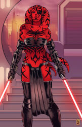 Rule 34 | 1girl, alien, black bra, black footwear, black gloves, boots, bra, breasts, cityscape, colored skin, darth talon, dual wielding, elbow gloves, energy sword, gloves, green eyes, highres, holding, holding lightsaber, large breasts, lightsaber, looking at viewer, midriff, pelvic curtain, ram (ram80), red lightsaber, red skin, solo, stairs, star wars, star wars: legacy, sword, tattoo, thigh boots, twi&#039;lek, underwear, weapon