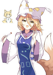 Rule 34 | 2girls, :d, animal ear fluff, animal ears, animal hat, blonde hair, cleavage cutout, clothing cutout, cosplay, costume switch, cowboy shot, cropped torso, deetamu, dress, eyebrows hidden by hair, finger touching, fox ears, fox shadow puppet, fox tail, hair between eyes, hat, highres, holding, holding test tube, jumpsuit, kudamaki tsukasa, long sleeves, looking at viewer, mob cap, multiple girls, multiple tails, open mouth, romper, short hair, short sleeves, simple background, smile, solid oval eyes, standing, tabard, tail, test tube, touhou, white background, white dress, white jumpsuit, white legwear, wide sleeves, yakumo ran, yakumo ran (cosplay), yellow eyes