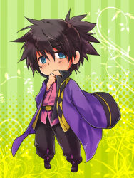 Rule 34 | 00s, 1boy, black hair, blue eyes, chibi, gradient background, green background, male focus, ponytail, raven (tales), smile, solo, tales of (series), tales of vesperia, yellow background, yoshida nishi