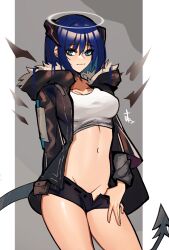Rule 34 | 1girl, absurdres, arknights, black jacket, black shorts, blue eyes, blue hair, breasts, collarbone, commission, cowboy shot, demon girl, demon horns, demon tail, detached wings, distr, energy wings, fur-trimmed jacket, fur trim, grey background, groin, highres, horns, jacket, long hair, medium breasts, micro shorts, mostima (arknights), navel, non-web source, open clothes, open fly, open jacket, shirt, shorts, simple background, solo, stomach, tail, two-tone background, white background, white shirt, wings