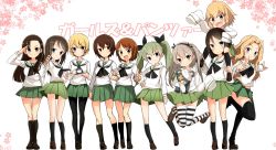 Rule 34 | 6+girls, alternate costume, anchovy (girls und panzer), arm grab, asymmetrical bangs, barashiya, black neckerchief, black ribbon, black socks, blonde hair, blouse, blue eyes, boko (girls und panzer), braid, brown eyes, brown footwear, brown hair, carrying, cast, closed mouth, commentary, copyright name, cup, darjeeling (girls und panzer), fang, floral background, girls und panzer, green hair, green skirt, hair intakes, hair ribbon, highres, holding, jumping, katyusha (girls und panzer), kay (girls und panzer), kneehighs, leg up, light brown hair, light smile, loafers, long hair, long sleeves, looking at viewer, microskirt, mika (girls und panzer), miniskirt, multiple girls, neckerchief, nishi kinuyo, nishizumi maho, nishizumi miho, no headwear, nonna (girls und panzer), odd one out, ooarai school uniform, open mouth, oversized clothes, pantyhose, pleated skirt, red eyes, ribbon, salute, saucer, school uniform, serafuku, shimada arisu, shirt, shoes, short hair, shoulder carry, siblings, sisters, skirt, sleeves past wrists, smile, socks, standing, standing on one leg, striped clothes, striped legwear, striped thighhighs, swept bangs, teacup, thigh gap, thighhighs, trait connection, translated, twin braids, twintails, v, white background, white shirt