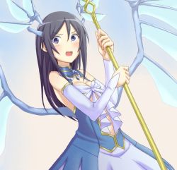Rule 34 | &gt;:o, 1girl, :o, angry, aragaki ayase, bare shoulders, black hair, blue eyes, blush, breasts, center opening, cleavage, cleavage cutout, clothing cutout, cosplay, detached sleeves, dragon wings, dress, dutch angle, frills, front-tie top, gradient background, hair between eyes, halterneck, hayami saori, head wings, holding, jewelry, leviathan (zettai bouei leviathan), leviathan (zettai bouei leviathan) (cosplay), long hair, looking at viewer, mugai (tamac), open mouth, ore no imouto ga konna ni kawaii wake ga nai, pendant, small breasts, staff, turtleneck, v-shaped eyebrows, voice actor connection, wings, zettai bouei leviathan