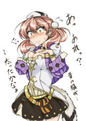 Rule 34 | 10s, 1girl, atelier (series), atelier escha &amp; logy, bag, belt, belt bag, black skirt, blush, bracelet, braid, breast suppress, breasts, brown skirt, choker, cleavage, coat, corset, embarrassed, escha malier, female focus, green eyes, hair between eyes, haku (grimjin), hand on own chest, hands on own chest, hat, jewelry, large breasts, looking down, necklace, pink hair, pom pom (clothes), short hair, shy, simple background, skirt, solo, strapless, surprised, sweat, tail, text focus, translation request, twintails, white background