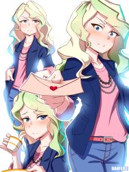 Rule 34 | absurdres, alternate costume, blonde hair, blouse, blue eyes, blush, cowboy shot, danfer3, denim, diana cavendish, embarrassed, highres, jeans, jewelry, little witch academia, multiple views, necklace, pants, pink shirt, shirt, simple background, standing, tagme, v-shaped eyebrows, wavy hair, white background