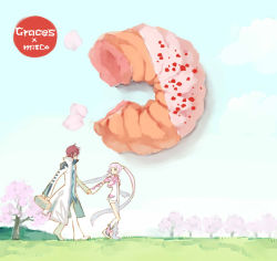 Rule 34 | 1boy, 1girl, asbel lhant, bad id, bad pixiv id, brown hair, cherry blossoms, cloud, cropped jacket, day, doughnut, food, grass, hetero, holding hands, mister donut, official alternate costume, outdoors, parody, pink hair, short shorts, shorts, sky, sophie (tales), tales of (series), tales of graces, tree, twintails, walking, zenmai