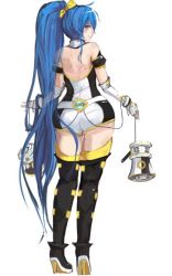 Rule 34 | 1girl, anime revolution, armband, ass, back, bare shoulders, belt, blue hair, boots, cable, curvy, dual wielding, elbow gloves, fingerless gloves, from behind, full body, gloves, hair ribbon, high heel boots, high heels, high ponytail, holding, legs together, long hair, looking back, mascot, megaphone, nose, original, panties (pantsu-pirate), pigeon-toed, purple eyes, ribbon, senkaku mei, simple background, smile, solo, standing, thick thighs, thigh boots, thighhighs, thighs, very long hair