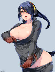Rule 34 | 10s, 1girl, black hair, blue background, blush, breasts, brown eyes, cleavage, clothes pull, collarbone, curvy, emperor penguin (kemono friends), grey jacket, grey pants, hair over one eye, happa (cloverppd), headphones, hip focus, jacket, kemono friends, large breasts, long hair, looking at viewer, multicolored hair, open mouth, orange hair, pants, pants pull, signature, simple background, solo, streaked hair, tail, unzipping, zipper, zipper pull tab