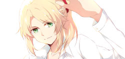 Rule 34 | 1girl, alternate costume, arm up, blonde hair, dress shirt, fate/apocrypha, fate (series), gemi 25, green eyes, highres, mordred (fate), mordred (fate/apocrypha), ponytail, red scrunchie, scrunchie, shirt, sketch, smile, solo, white background