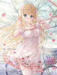 Rule 34 | 1girl, arms up, bicycle, bicycle basket, blonde hair, blush, bow, branch, breasts, cleavage, clothing cutout, collarbone, commentary, cowboy shot, dappled sunlight, dress, fence, floral print, flower, frilled dress, frills, green eyes, hair bow, hanahanamaki, hands in hair, highres, jewelry, large breasts, leaf, lens flare, light particles, light rays, long hair, looking at viewer, necklace, original, outdoors, parted lips, petals, pink bow, red flower, red ribbon, red rose, ribbon, rose, shoulder cutout, sidewalk, solo, sousouman, standing, sundress, sunlight, thighhighs, tree, white dress, white thighhighs, wind, wrist ribbon, zettai ryouiki