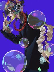 Rule 34 | 17 s kyk, 1boy, black hair, black nails, black shirt, bottle, bubble, commentary, fang, hair bun, hair ornament, hairpin, half updo, hand to own mouth, helmet, highres, holding, holding bottle, jewelry, layered sleeves, leaning forward, looking at viewer, male focus, medium hair, mole, mole on cheek, multiple hairpins, nail polish, open mouth, original, purple background, ring, shirt, simple background, solo, symbol-only commentary, tongue, tongue out, upper body, v