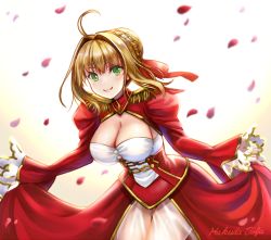 Rule 34 | 10s, 1girl, ahoge, bad id, bad pixiv id, blonde hair, braid, breasts, cleavage, closed eyes, closed mouth, cowboy shot, dress, epaulettes, fate/extra, fate (series), french braid, frilled sleeves, frills, green eyes, hair intakes, hair ribbon, hakuda tofu, juliet sleeves, large breasts, leaning forward, long sleeves, looking at viewer, nero claudius (fate), nero claudius (fate) (all), nero claudius (fate/extra), petals, puffy sleeves, red dress, red ribbon, ribbon, smile, solo