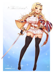 Rule 34 | 1girl, black footwear, black gloves, blonde hair, boots, breasts, character name, commentary, commission, english commentary, flag print, full body, gloves, green eyes, highres, holding, holding sword, holding weapon, large breasts, long hair, miniskirt, original, personification, pleated skirt, print capelet, shirt, skirt, solo, standing, sword, thigh boots, thighhighs, thunderer (world of warships), union jack, virus-g, weapon, white shirt, world of warships
