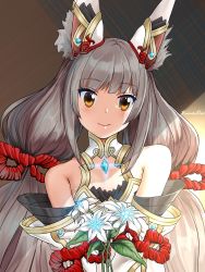Rule 34 | 1girl, animal ears, bare shoulders, chest jewel, detached sleeves, emirate07878982, flower, highres, holding, holding flower, long hair, low twintails, nia (blade) (xenoblade), nia (xenoblade), nintendo, niyah, signature, smile, solo, spoilers, twintails, upper body, xenoblade chronicles (series), xenoblade chronicles 2, yellow eyes