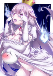 Rule 34 | 1girl, bad id, bad pixiv id, blue fire, blush, boo (mario), breasts, brooch, center frills, cleavage, clothes lift, collar, collarbone, commentary, commentary request, covering face, crown, dress, dress lift, elbow gloves, embarrassed, english commentary, fire, frilled collar, frilled dress, frilled gloves, frilled sleeves, frills, gainoob, garter belt, gem, ghost, gloves, jewelry, long hair, looking at viewer, luigi&#039;s mansion, mario (series), mini crown, navel, new super mario bros. u deluxe, nintendo, open mouth, pale skin, panties, princess king boo, puffy short sleeves, puffy sleeves, purple eyes, sharp teeth, short sleeves, sidelocks, signature, super crown, teeth, tongue, tongue out, underwear, very long hair, white dress, white gloves, white hair, white panties