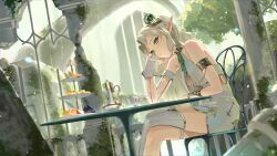 Rule 34 | 1girl, absurdres, arm cuffs, asymmetrical legwear, bare shoulders, blonde hair, breasts, cantaloupe, chair, crossed legs, cup, dress, elf, ellise aepro, food, fruit, gloves, gold collar, gold trim, green eyes, green ribbon, hair ornament, head on hand, highres, indie virtual youtuber, long hair, looking at viewer, melon, melon slice, moss, parted bangs, pastry, pillar, pointy ears, rasa k, ribbon, ruins, shirt, sidelocks, single glove, single thighhigh, sitting, small breasts, table, teacup, teapot, thigh strap, thighhighs, virtual youtuber, wavy hair, white dress, white gloves, white shirt