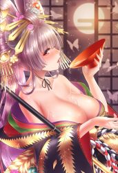 Rule 34 | 1girl, alcohol, bare shoulders, bathory (destiny child), breasts, brown eyes, bug, butterfly, cleavage, collarbone, cup, destiny child, flower, hair flower, hair ornament, hairpin, highres, holding, holding cup, image sample, insect, japanese clothes, kimono, kurowana, lipstick, long hair, makeup, moon, moonlight, red lips, sakazuki, sake, shiny skin, silver hair, smile, twitter sample, umbrella