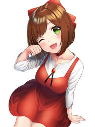 Rule 34 | 1girl, ;d, blush, bow, breasts, brooch, brown hair, choker, collarbone, commentary request, cosplay, dress, fang, gegege no kitarou, green eyes, hair bow, head tilt, idolmaster, idolmaster cinderella girls, jewelry, long sleeves, looking at viewer, maekawa miku, medium breasts, nekomusume, nekomusume (cosplay), nekomusume (gegege no kitarou 6), nekomusume (gegege no kitarou 6) (cosplay), one eye closed, open mouth, paw pose, red bow, red choker, red dress, shirt, short dress, short hair, simple background, sitting, smile, solo, unowen, white background, white shirt