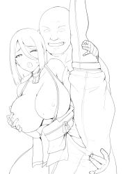 Rule 34 | 1boy, 1girl, artist request, breasts, clenched teeth, covered erect nipples, greyscale, groping, highres, kunoichi kaen, large breasts, last origin, leg up, lineart, monochrome, netorare, nipples, one eye closed, open mouth, short hair, smile, sweat, teeth, ugly man