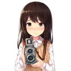 Rule 34 | 1girl, aran sweater, blush, braid, breasts, brown eyes, brown hair, cable knit, camera, closed mouth, collared shirt, dress shirt, eyes visible through hair, frills, hair ornament, hair over shoulder, hair ribbon, highres, holding, holding camera, karo-chan, lace, lace-trimmed shirt, lace trim, long hair, long sleeves, looking at viewer, medium breasts, original, red ribbon, ribbon, shirt, side braid, sidelocks, simple background, solo, sweater, sweater vest, swept bangs, tress ribbon, twin-lens reflex camera, upper body, white background, white shirt, yellow sweater