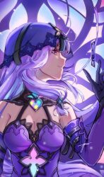 Rule 34 | 1girl, amiel, bare shoulders, black swan (honkai: star rail), breasts, cleavage, commentary, dress, elbow gloves, gloves, highres, honkai: star rail, honkai (series), long hair, looking to the side, profile, purple dress, purple hair, sleeveless, sleeveless dress, small breasts, smile, solo, upper body, veil, very long hair, yellow eyes