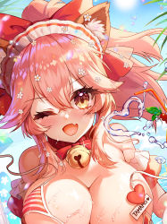 Rule 34 | 1girl, animal ear fluff, animal ears, animal hands, apple caramel, bell, bikini, blush, breasts, cat paws, character name, cleavage, collar, fang, fate/grand order, fate (series), fox ears, fox girl, gloves, hair ribbon, heart, highres, jingle bell, large breasts, long hair, looking at viewer, nature, neck bell, one eye closed, outdoors, paw gloves, pink hair, ponytail, red ribbon, ribbon, side-tie bikini bottom, skin fang, solo, swimsuit, tamamo (fate), tamamo cat (fate), yellow eyes