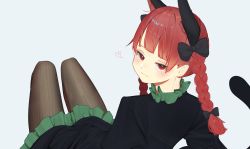 Rule 34 | 1girl, :3, animal ear fluff, animal ears, black pantyhose, blush, bow, braid, cat ears, cat tail, dress, extra ears, green dress, heart, highres, kaenbyou rin, kuromori o, looking at viewer, pantyhose, red eyes, red hair, simple background, smile, smug, solo, spoken heart, tail, touhou, twin braids