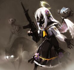 Rule 34 | 1girl, assault rifle, azusa (blue archive), bird, black dress, black gloves, blue archive, cat, creature, dress, feet out of frame, flower, gas mask, gloves, glowing, glowing eyes, gun, hair flower, hair ornament, halo, highres, holding, holding gun, holding weapon, jacket, long hair, long sleeves, m4 carbine, mask, neckerchief, rifle, solo, standing, syk, weapon, white hair, white jacket, wings, yellow neckerchief