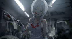 Rule 34 | .live, 1girl, :d, bare shoulders, blood, blood on clothes, blood on face, blurry, blurry background, breasts, closed eyes, collarbone, collared shirt, depth of field, elbow gloves, facing viewer, gloves, hair between eyes, highres, holding, holding knife, knife, large breasts, misaki nonaka, open mouth, shirt, silver hair, dennou shoujo siro, sleeveless, sleeveless shirt, smile, solo, virtual youtuber, white gloves