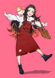Rule 34 | 1girl, absurdres, animal, animal on shoulder, black footwear, black hair, blush, bright pupils, brown bag, cat, cat on shoulder, contemporary, full body, grey socks, hair ribbon, highres, kamado nezuko, kimetsu no yaiba, long hair, long sleeves, multicolored hair, open mouth, orange hair, outstretched arms, overall skirt, pink background, pink eyes, pink ribbon, red skirt, ribbon, shinishi chiho, shirt, shoes, signature, simple background, skirt, smile, socks, solo, standing, strap slip, two-tone hair, very long hair, white pupils, white shirt