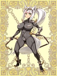 Rule 34 | 1girl, animal ears, bodysuit, breasts, covered navel, crotch plate, full body, furrowed brow, green eyes, hairband, headdress, high heels, holding, holding weapon, kerberos blade, large breasts, long hair, non-web source, o-ring, official art, ponytail, ryoji (nomura ryouji), skin tight, solo, standing, tail, turtleneck, weapon, white hair, yellow background